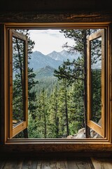 A window in a minimalist mountain retreat, with a view of a deep forest and distant peaks. 