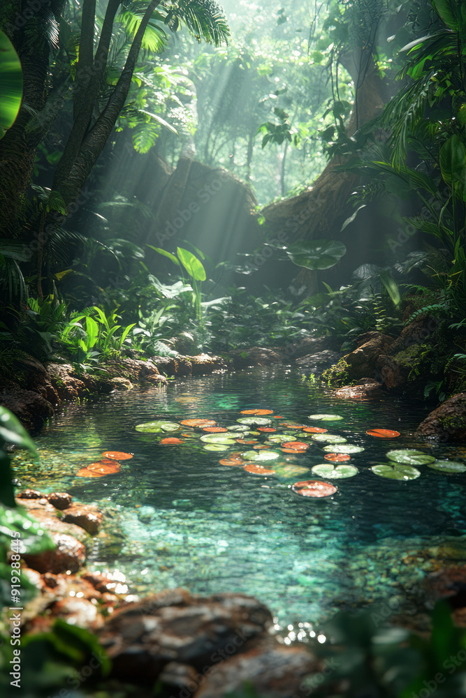 Poster an enchanted forest where frogs gather around a mystical pool, their croaks reverberating through th