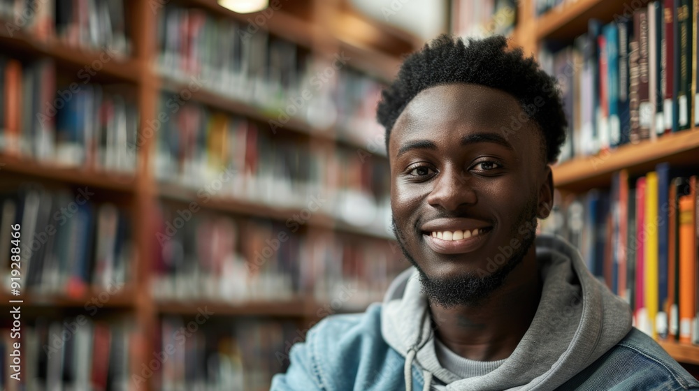 Poster a person in a library smiling at the camera