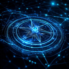 futuristic network of Digital and business transformation connected by dots to a compass shown from eye-level angle with front-lighting 