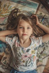 A young girl is lying on her bed, fast asleep