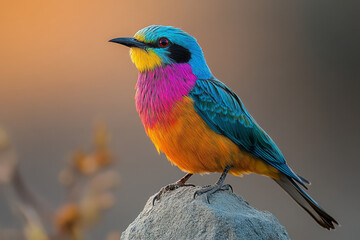 Fototapeta premium A brightly colored sentinel bird with iridescent feathers, perched atop an ancient stone pillar, watching over the land,