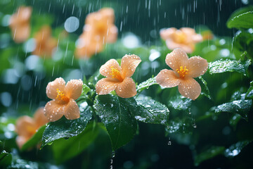 A light spring rain falling gently on a garden, the droplets making the flowers and leaves shimmer,