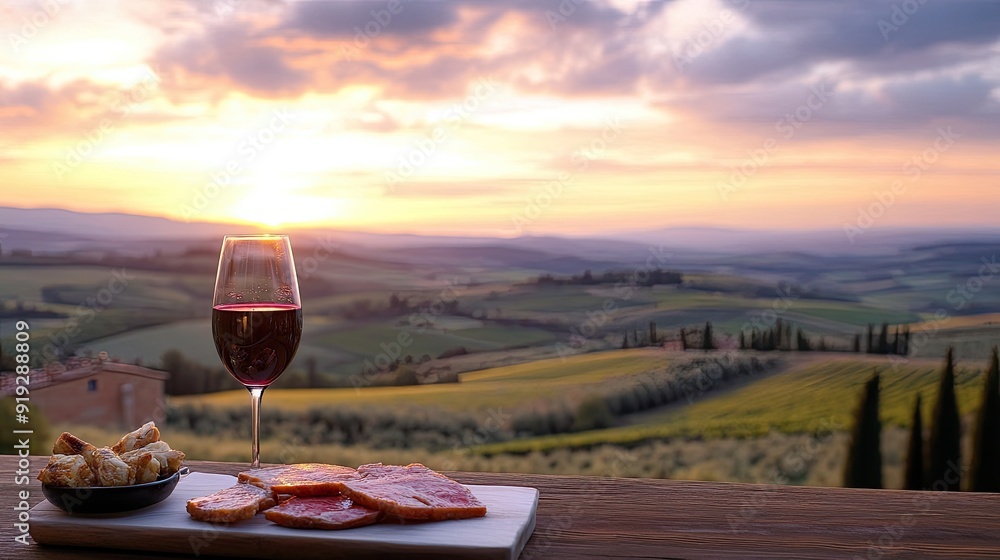 Sticker A glass of red wine and a selection of appetizers overlooking the picturesque Tuscan countryside at sunset, capturing the essence of Italian luxury and relaxation.