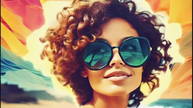 beautiful woman in sunglasses smiles happily on beach vacation in retro vintage risograph comic book cartoon drawing poster style -4k 9x16 vertical stock video footage video AI