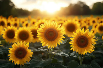 Obraz premium A field of sunflowers turning their heads towards the sun, basking in the essence of spring warmth,