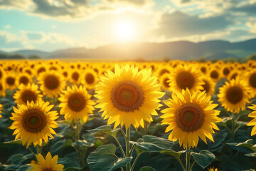 Fototapeta premium A field of sunflowers turning their heads towards the sun, basking in the essence of spring warmth,