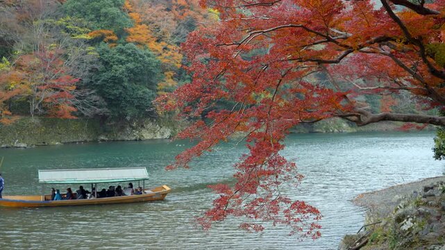 Autumn season in Kyoto, Japan, tourists enjoying a serene boat ride on the Katsura River, surrounded by the vibrant fall foliage. 