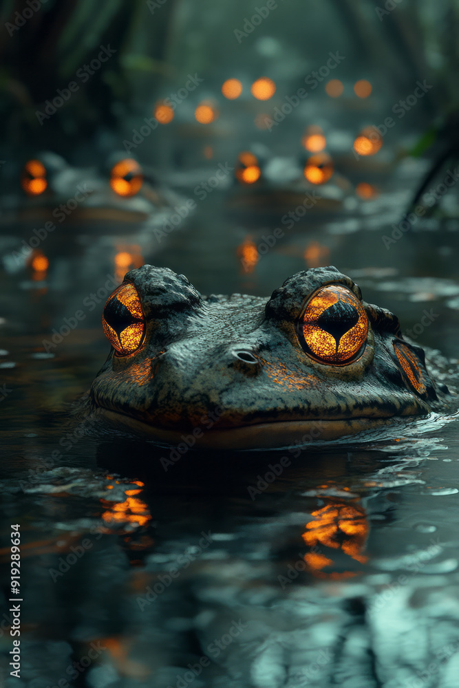 Poster A mystical swamp where frogs with glowing eyes croak in unison, their voices creating patterns in the water,