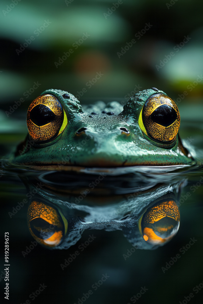 Poster a mystical swamp where frogs with glowing eyes croak in unison, their voices creating patterns in th