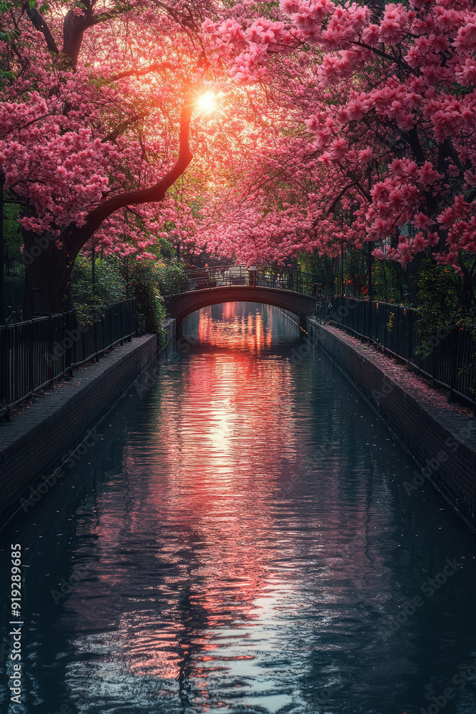 Poster a winding river flanked by trees in full bloom, their reflections creating a mirror image on the wat