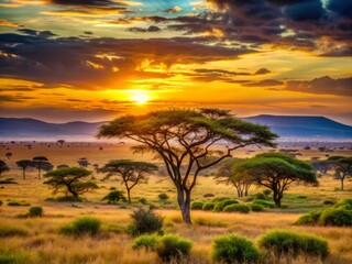 Obraz premium Vibrant sunset scene of iconic African safari landscape with rugged terrain, acacia trees, and open savannah, perfect for overlaying friends' mobile photography adventure story.