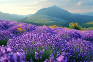 A hillside covered in blooming lavender and wildflowers, with a gentle breeze carrying their fragrance,
