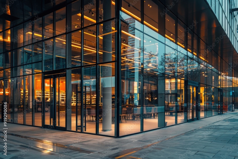 Poster A large glass building with multiple windows and a sleek design, perfect for use in architecture or office settings