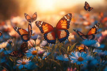 A meadow filled with colorful butterflies flitting from flower to flower, embodying the carefree essence of spring,