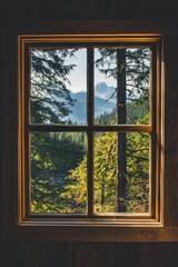 A window in a minimalist mountain retreat, with a view of a deep forest and distant peaks. 