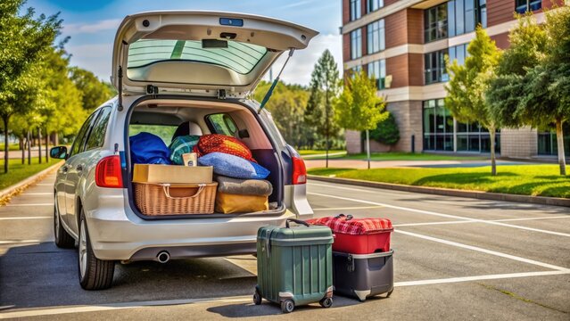 A vacant college parking lot with an open trunk revealing a neatly organized stack of dorm room essentials, luggage, and supplies waiting to be unloaded.