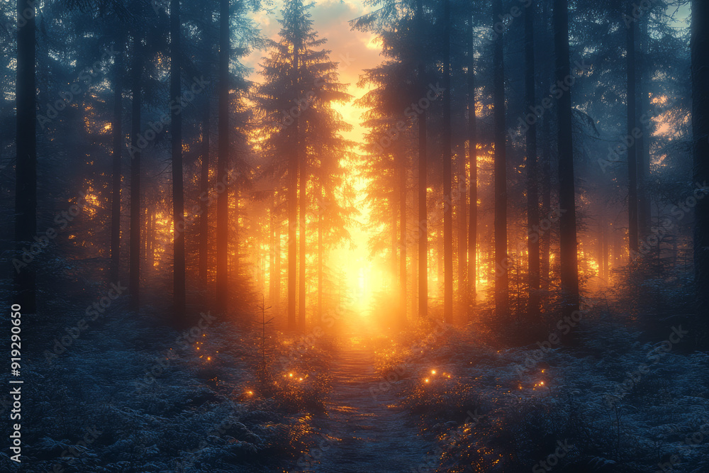 Poster a misty forest at dawn, where the whispers of the trees echo in the soft rustle of leaves and the di