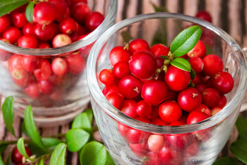 Cranberry berries close-up. Lingonberries in a basket on wooden background.