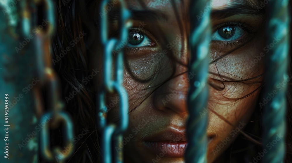 Poster a close-up shot of a woman's face seen through a chain link fence, with an uncertain expression