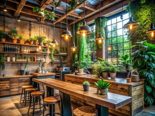 Cozy cafe interior with reclaimed wood accents, industrial lighting, and lush greenery, perfect for relaxing and enjoying a warm cup of artisanal coffee.