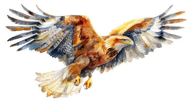 Picture brown eagle or hawk watercolor flying on white background. Realistic bird animal clipart template pattern. Eagles are large and powerful birds that are carnivores have good and sharp eyesight.