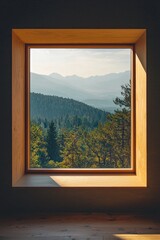 A window in a minimalist mountain retreat, with a view of a deep forest and distant peaks. 