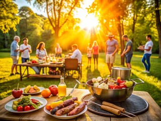 Vibrant colors of utensils, food, and drinks surround a sizzling grill, capturing the essence of a lively summer gathering in a sun-drenched park setting.