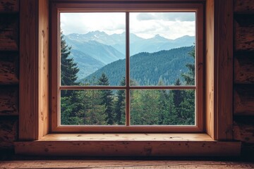 A window in a minimalist mountain retreat, with a view of a deep forest and distant peaks. 