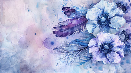 Watercolor boho anemones and feathers with textured techniques, detailed, textured background