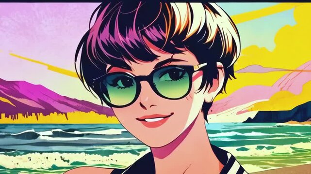 beautiful woman in sunglasses smiles happily on beach vacation in retro vintage risograph comic book cartoon drawing poster style -4k 9x16 vertical stock video footage video AI
