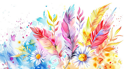 Watercolor boho daisies and feathers in loose and freeform style, vibrant colors blending softly, white background