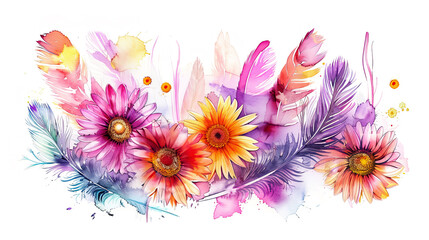 Watercolor boho daisies and feathers in dry brush style, vivid colors, clean white background