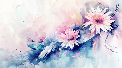 Watercolor boho daisies and feathers with gradient wash, smooth transitions, light background