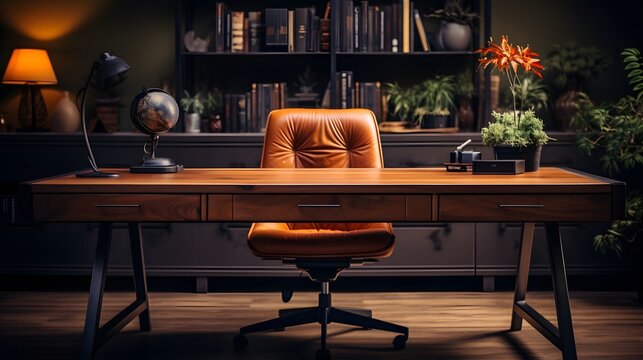Modern Home Office with Desk and Leather Chair