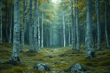 Obraz premium A deep, ancient forest where the whispers of the trees create a soft, haunting melody in the stillness of dusk,