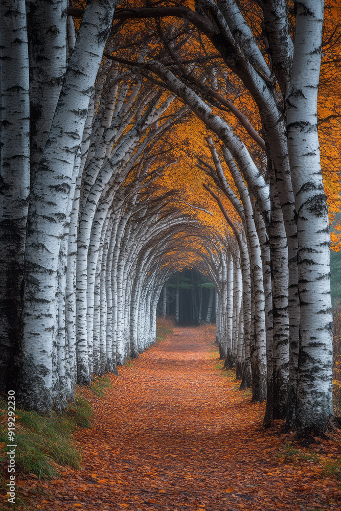Poster a quiet forest path where the forest sentinels, towering birches, form a natural archway with their 