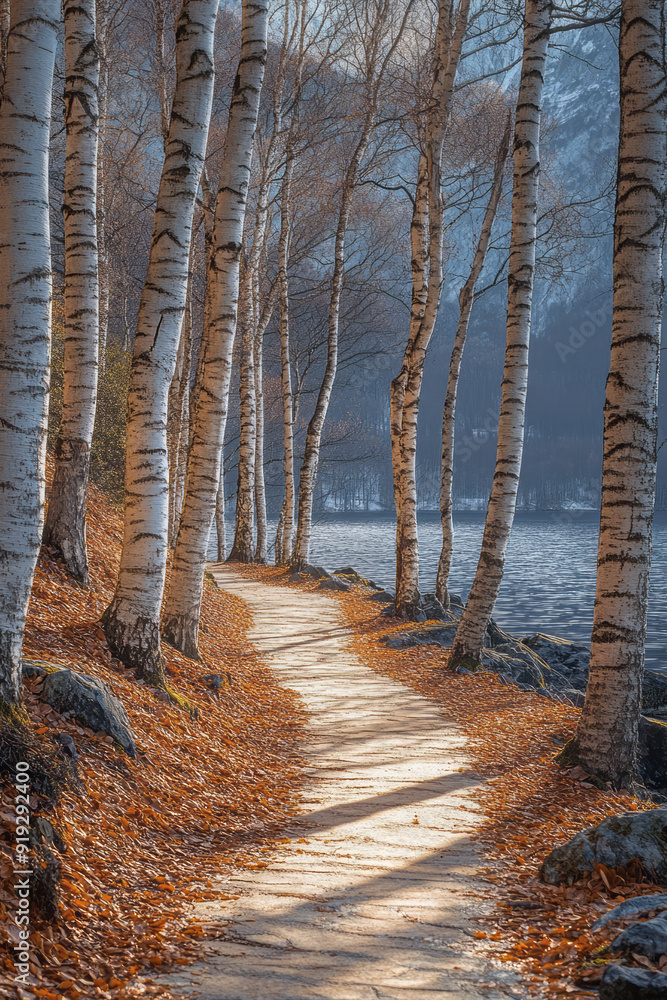 Poster a quiet forest path where the forest sentinels, towering birches, form a natural archway with their 