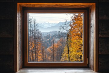 A window in a minimalist mountain retreat, with a view of a deep forest and distant peaks. 