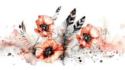 Watercolor boho poppies and feathers with ink and combination, intricate details, light background