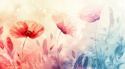 Watercolor boho poppies and feathers with gradient wash, smooth color transitions, light background