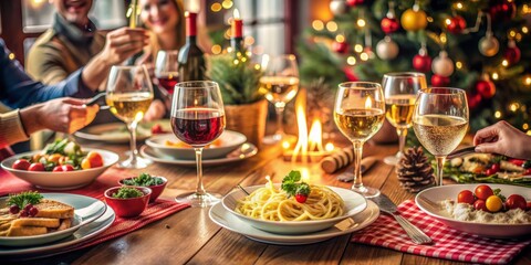 Fototapeta premium Vibrant dinner table setting with steaming pasta, wine glasses, and festive decorations, conveying a sense of joyful celebration and warm companionship among friends.