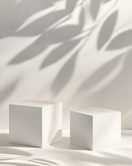 two white cube podium with shadow on the background, mockup stage for product presentation in minimalistic interior, 