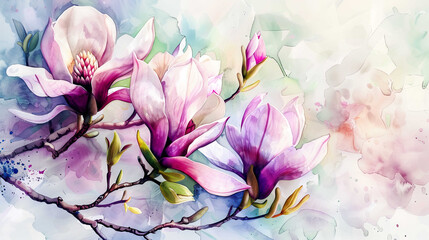 Watercolor botanical illustration of magnolias in wet-on-wet style, detailed and vibrant, light background