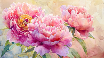 Watercolor botanical illustration of peonies using layering (glazing), creating depth with rich colors, textured paper background