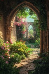 Obraz premium A window in a peaceful monastery, overlooking a garden filled with blooming flowers and a stone path. 