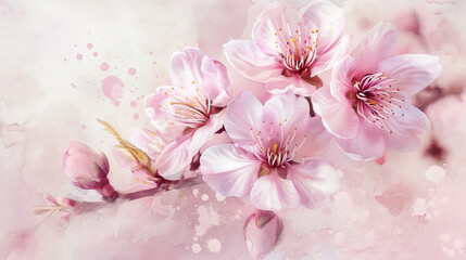 Watercolor cherry blossoms with blotting, soft pastels creating delicate highlights, gentle composition, light background