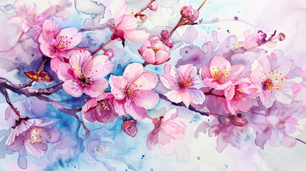 Watercolor cherry blossoms detailing with fine brushes, intricate and vibrant designs, light background
