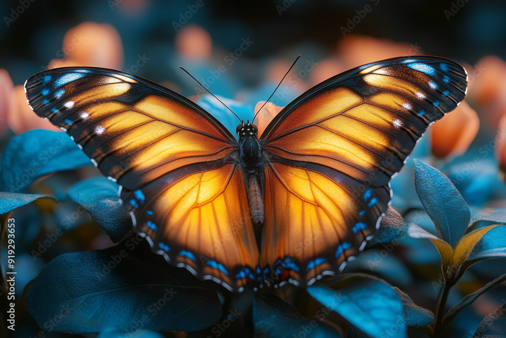 Aufkleber A butterfly with wings that change color with every flap, creating a visual chromatic rhapsody in a vibrant garden,