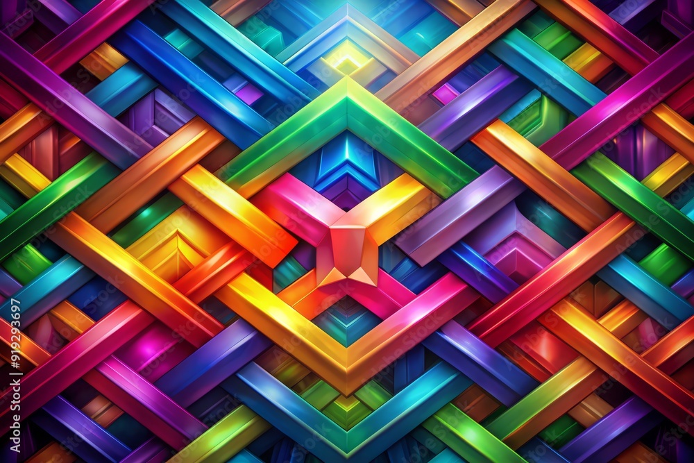 Poster vibrant abstract background featuring intricate interlocking geometric shapes in bold colors, formin